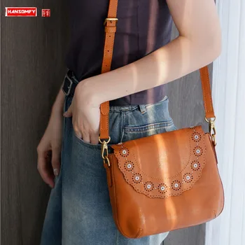 Дамски чанта от телешка кожа в ретро стил, малка квадратна чанта-месинджър на рамото 2023, тъкани издълбани модни сладко чанта през рамо
