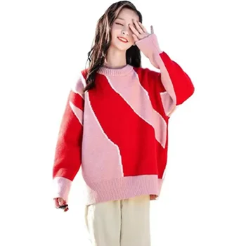 Есенни възли пуловери за деца, потник, пуловер за малки момичета от 4 до 13 години на Детски дрехи в корейски стил в стил мозайка с кръгла яка, цвят пэчворка