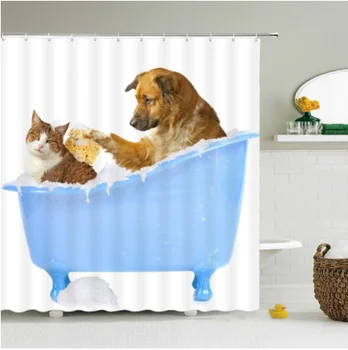 Нова Креативна Забавна Котка Куче Водоустойчива душ Завеса за баня от плат с 3D принтом и украса под формата на куки Завеса за душ M23