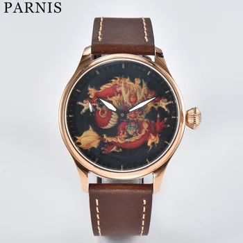 Мъжки ръчен часовник Parnis с ръчно от 44 mm, класически корпус от розово злато, циферблатът е с изображение на дракон