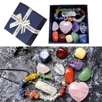 Набор от Лечебни кристали за начинаещи, Набор от естествени камъни Чакра с подарък предавателна кутия, Окачване и гривната за релаксация и намаляване на стреса