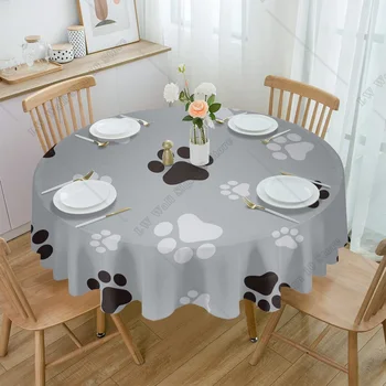 Черно-сива покривка с отпечатък от кучешки лапи, кръгла покривка за фестивалната трапезария, водоустойчив покривка, покритие на масата за декор на сватбени партита