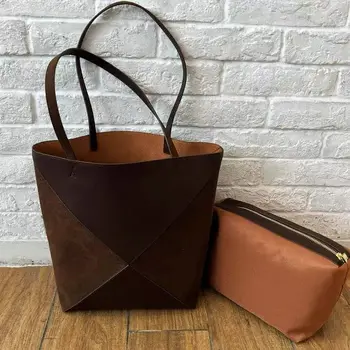 Дамски чанта от телешка кожа на горния слой на 2023, есенно-зимна замшевая геометрична сгъваема чанта-тоут, женствена чанта с