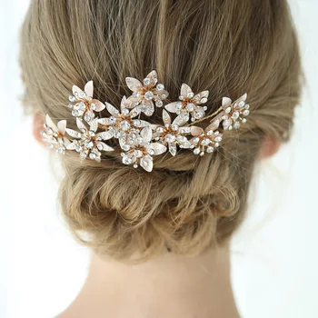 Сватбена гребен за коса с ръчно изработени бижута, златни женски шапки с цветя модел, сватбени Аксесоари за коса с кристали