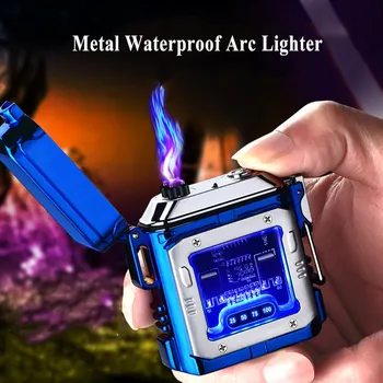 Ръчна водоустойчив електрическа метална запалка с двойна дъга, плазмен цифров дисплей на храна, зареждане чрез USB с голям капацитет, увеличен живот на батерията
