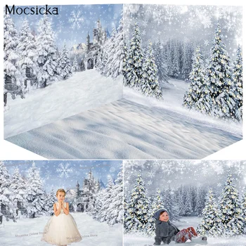 Зимна Страна на Чудесата Горски замък Коледен фон за снимки Снежинка Бор на Фона на портрет на момче Момичета Подпори за торта