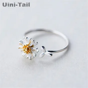 Uini-Tail горещо предложение 925 тибетски сребърна гора златни цвете малка маргаритка пръстен скъпа мода динамичните малки листа отворен пръстен GN308