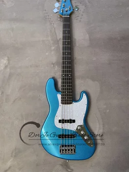 Метална синя бас китара с 5 струни, корпус от липа, хастар от бели перли, хастар от палисандрово дърво, лешояд от клен