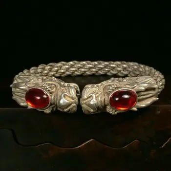 Коллекционный китайски Рубинено червен Тибетски Сребърна Гривна ръчна изработка с благоприятен Дракон