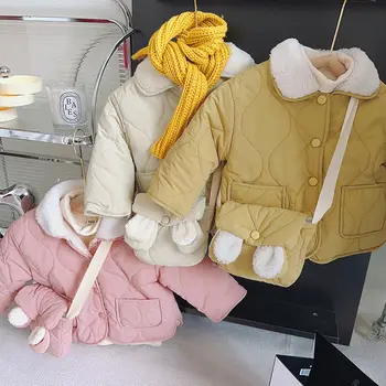 2023 Зимни палта за малки момичета + чанта, топло палто с памучна подплата, модни детски дрехи за рожден Ден, детски палта