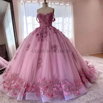  2022 Розови буйни рокли с 3D аппликацией, бродирани с мъниста, Бални рокли с цветя, ръчно изработени, Vestidos De 15 Años