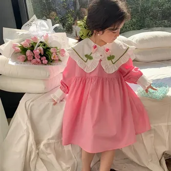 Рокля за момичета 2023, Пролетта ново Детско принцеса рокля с кукла деколте и рюшами, детско Корейското памучно рокля с дълъг ръкав за момичета