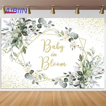 AIBIIN Baby in Bloom Фон на Листа от Евкалипт Декор За Парти в чест на рождения Ден на Детето Фон Бели Цветя Банер за Торта