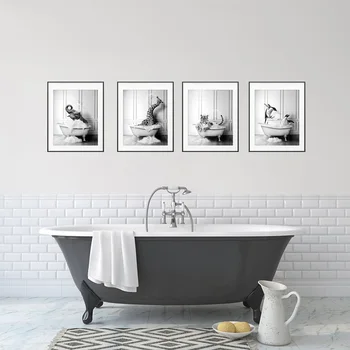 Скандинавска баня Животно в банята Слон, Жираф Плакат с животни в тоалетната Черно и Бяло Платно Картина Ретро Стенно изкуство, Начало декор
