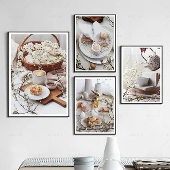 Пийте чай, храна, стенно изкуство, яйца, хляб, бисквити, живопис върху платно, постери на скандинавскую тема и щампи, естетичен съвременен декор за кухнята и дома
