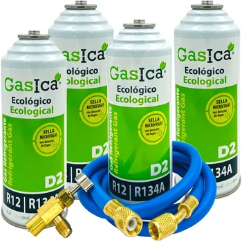 Опаковка 4 бутилки газообразен хладилен агент GASICA D2 - R12-R134a + 5/16 заправочного маркуч x1 /4 + клапан