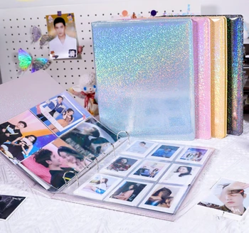 Цветен лазерен корици за фотокарточек формат А4 D-образен пръстен Голяма Книга за събиране на снимки с 9-клетъчна 3-инчов Фотоалбум от Изкуствена кожа Титуляр за снимки Корейски Kpop