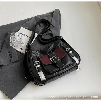 Подобрена контрастная женствена чанта за подмишниците, нова универсална чанта в стил ретро голям капацитет с мрежа, червен текстурирани чанта през рамо