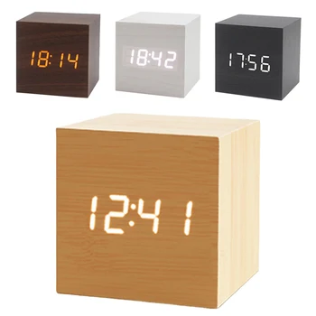 Digital alarm clock, Wooden Електронен led дисплей Тишина Гласово управление с регулируема яркост Настолни часовници за спални
