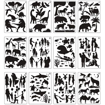 12шт шаблони за рисуване на Мандала-Добри шаблони за рисуване на животни Куха дъска за рисуване с ръце