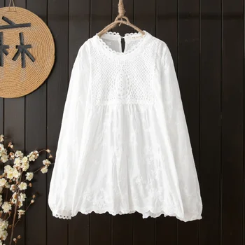 Дамска риза от бял памук в литературния стил с бродерия в стил бохо, яка-часова, блузи с дълги ръкави, дантелени блузи с изрезки, жените риза