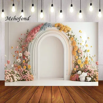 Фон за снимки Mehofond Арочная вратата на Розови цветя Детски рожден ден, разделена торта, портретна декор, на фона на фото студио
