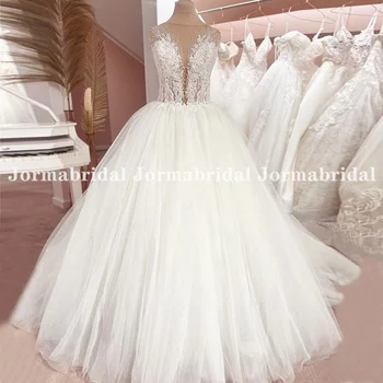 Сватбена рокля с иллюзионным елече, расшитое луксозен мъниста, бална рокля на принцеса сватбена рокля с дантелен аппликацией, прозрачно сватбена рокля копчета отзад