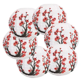 6 опаковки 12-инчов хартиени фенери с цветове от червена череша, Бяла кръгла китайско-японската хартиена лампа за украса на дома сватба