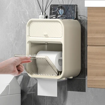 Многофункционален двуслойни кутия за съхранение на тоалетна хартия, монтиран на стената водоустойчив държач за кърпички за баня с чекмедже