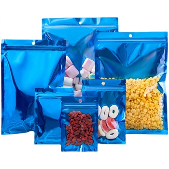50шт Прозрачни предните лъскавите сини плоски пластмасови торбички с цип, закрываемых X-mas, Въжета за захар, леки закуски, кафе глави, опаковки, опаковки за бижута