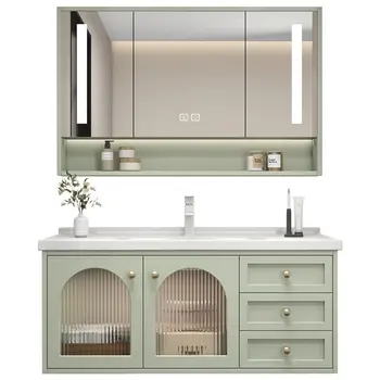 Дъб лакиран шкаф за баня, керамични вградени мивка, лесно лукс, просто ръчно пране, шкаф за мивка, дамская стая, син