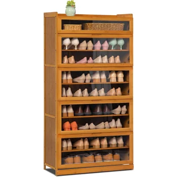 Голям шкаф за съхранение на обувки с с акрилни вратички, 9-ярусная Бамбук Отделно Стоящи Тясна стойка за обувки на 41-45 години