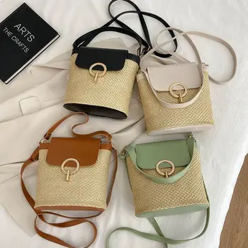 Чанти-кофи от тръстика, слама голям капацитет, модерна чанта през рамо от изкуствена кожа, плажни чанти, чанта през рамо, чанта-тоут, лятна чанта, изработена от лико.