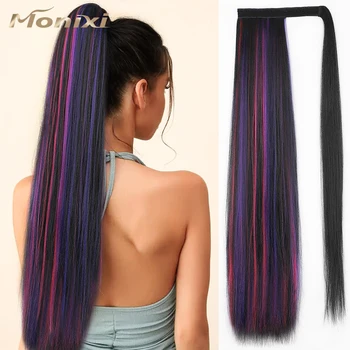 MONIXI Синтетични косми, обвързани в опашката, дълга черна права коса Yakki смесени цветове за жени, топлоустойчива косата