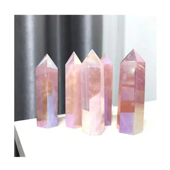 Пръчка от естествен розов кварц Aura с остри кристални камъни за декорация на дома