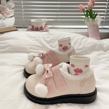 Японската сладък Плюшен кожени обувки, зимни универсална обувки в стил Лолита за момичета, Кавайная скъпа обувки от изкуствена кожа с кръгло бомбе