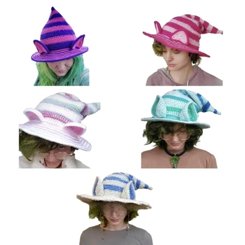 Раирана шапка вещица с заячьими уши, уникална вязаная шапчица за Хелоуин, елегантен костюм, реквизит за cosplay, за украса