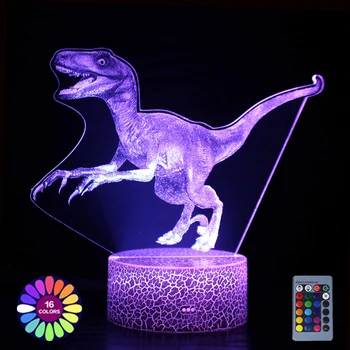 Най-новата 3D лампа с надпис динозавром от акрил, лека нощ, дистанционно управление, маса визуална лампа, 16 сменяеми цветове, декор, подаръци за деца