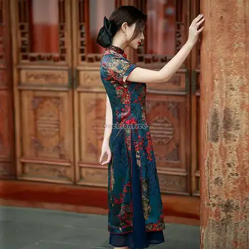 Лейди есен нов Виетнам aodai китайски стил женски винтажное дълга рокля с флорални принтом qipao китайското елегантна рокля чонсам a90