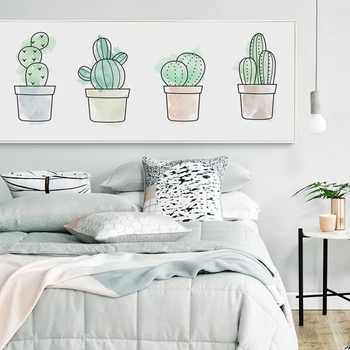 Прост акварел плакат с Кактус растение в саксия, Хоризонтална картина върху платно, Стенни художествени картини за спални, Декорация на дома, подарък