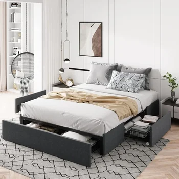 Лесна за сглобяване, Основата и рамката на леглото, не се изисква пружина кутия, живеейки кърпа, безшумен рамка двойно легло, мебели за спалня в Тъмно сив цвят