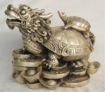 Колекционерска стойност Статуетка на съдбата на Тибетския сребърен дракон и костенурка НА мед, на едро, украса от тази месинг