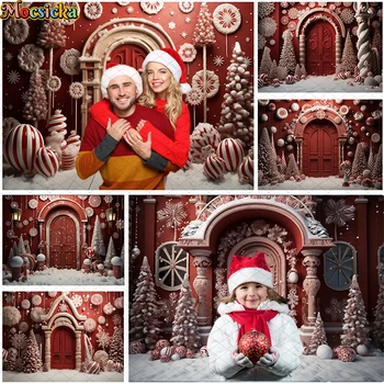 Червен Коледен фон за детството и в зряла възраст семейния портретна фотография, Коледната елха Снежинка, Декор и дървени врати
