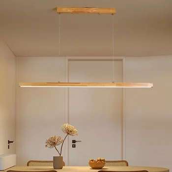 Дървена полилей за трапезария Прости Модерни Минималистичные линия Скандинавски лампа за масата за хранене Креативна бар-часова Лампа с дълга ивица