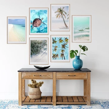 Снимка на кокосовата палма в стил бохо Пейзаж, Картина върху платно с пясък Туризъм Празници Картина върху платно Начало декор на стаята