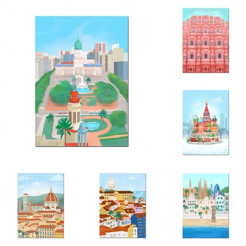 Стенно изкуство за печат в Ню Йорк, Португалия, Италия, Аржентина, плакати с градския пейзаж, туристически плакати, марокански илюстрация