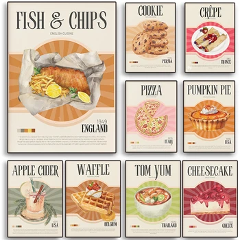Такос, ябълков сайдер, Риба с чипс, Пица, Тиквен пай, плакат с храна в ретро стил, живопис върху платно, Стенно изкуство, Модерна кухня, Домашен декор