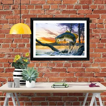 Направи си САМ 5D Диамантена картина Риба Кръгла Мозайка Плажен пейзаж Диамантена Бродерия Картина Вода Диамант Декорация на дома, Подарък