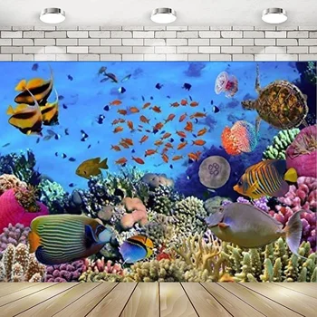 Подводна сцена под вода, колоритен морски корали, на фона на снимки от купоните честит рожден Ден, декорация банер на заден план