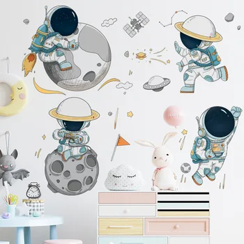 Карикатура Сладък астронавт Стикер на стената Планета Небесната Вселена Картината е Страхотна стикер Детска стая Водоустойчив самоклеящийся